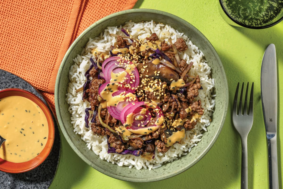 Quick Ginger Beef & Pork Mushroom Rice Bowl