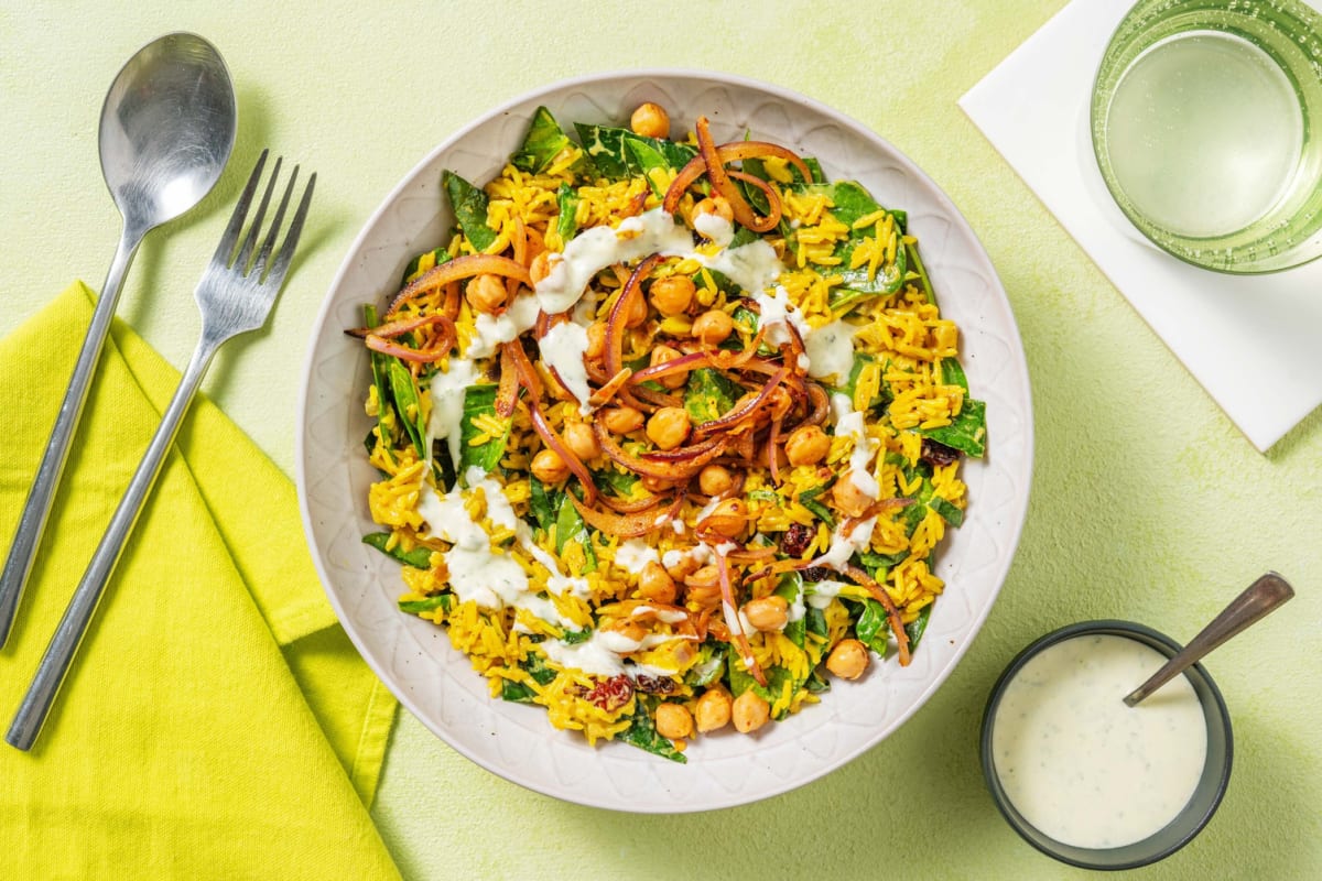 Golden Rice Bowl! mit Curryreis & Harissa-Kichererbsen