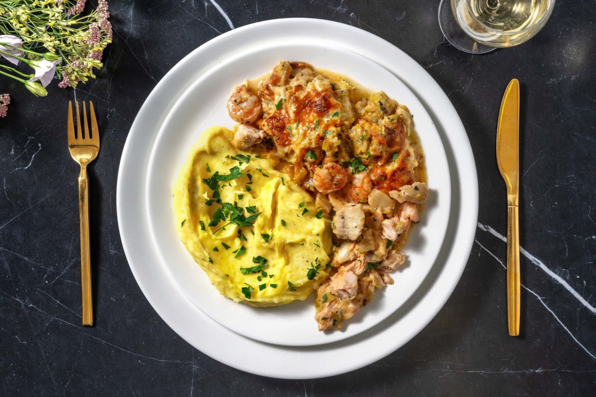 Gratin de poissons : cabillaud, lieu noir, saumon et crevettes