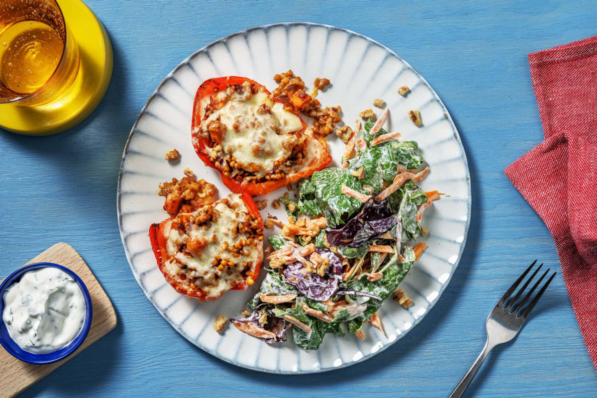 Gratinierte Paprika mit Linsen-Gouda-Füllung