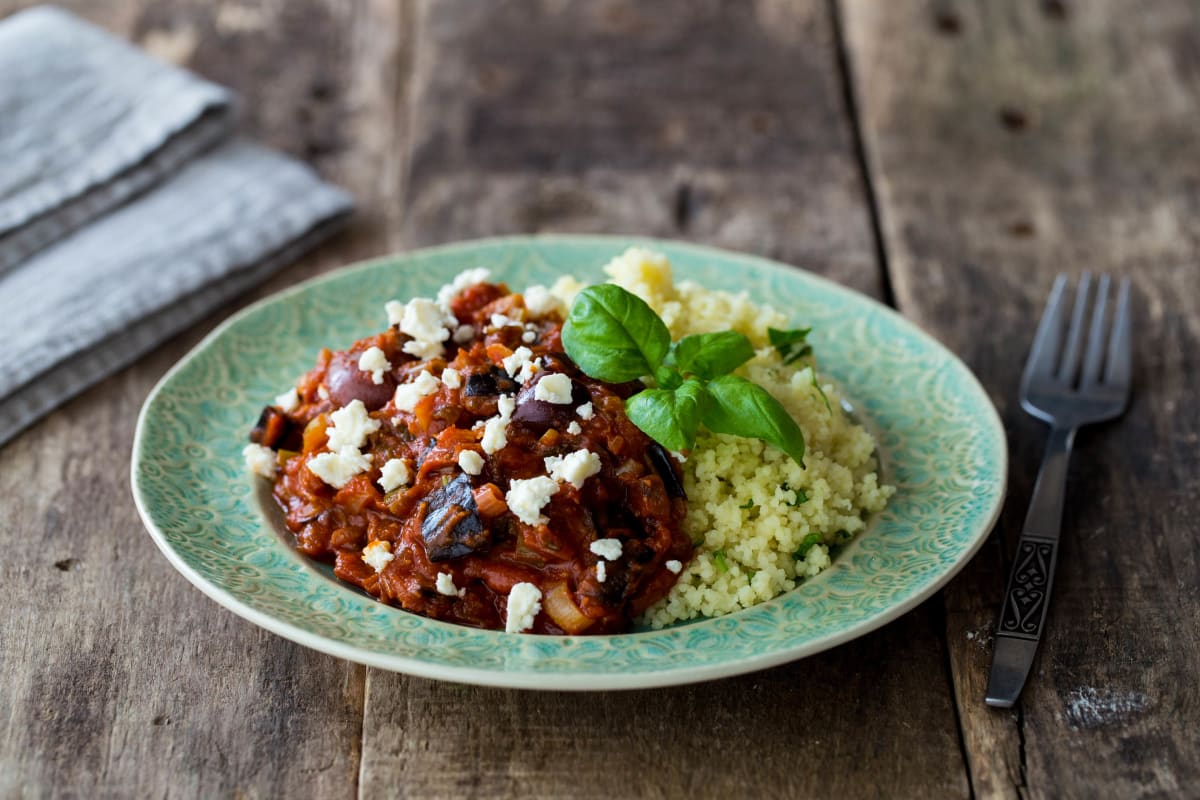 Greek Ragu with Almond, Aubergine and Basil Couscous