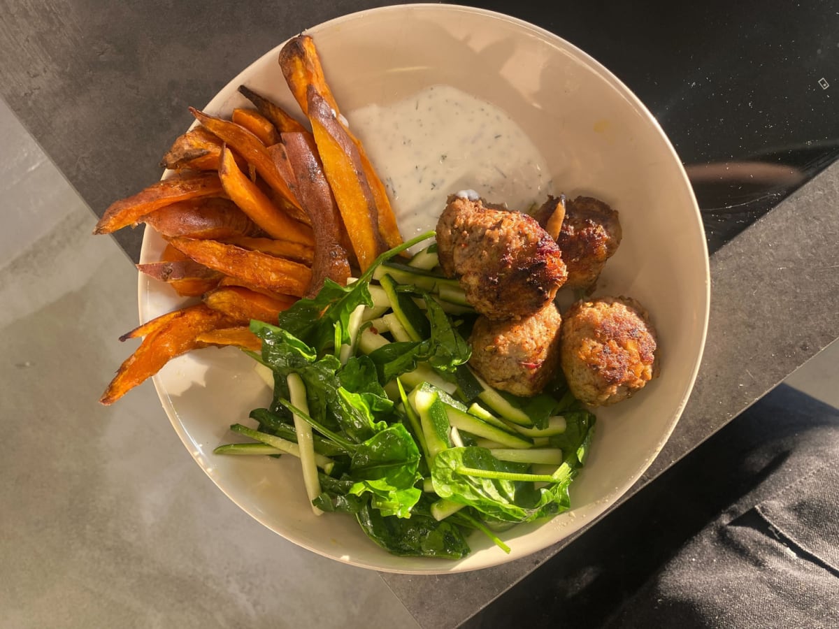 Greek meatballs and roasted sweet potatoes