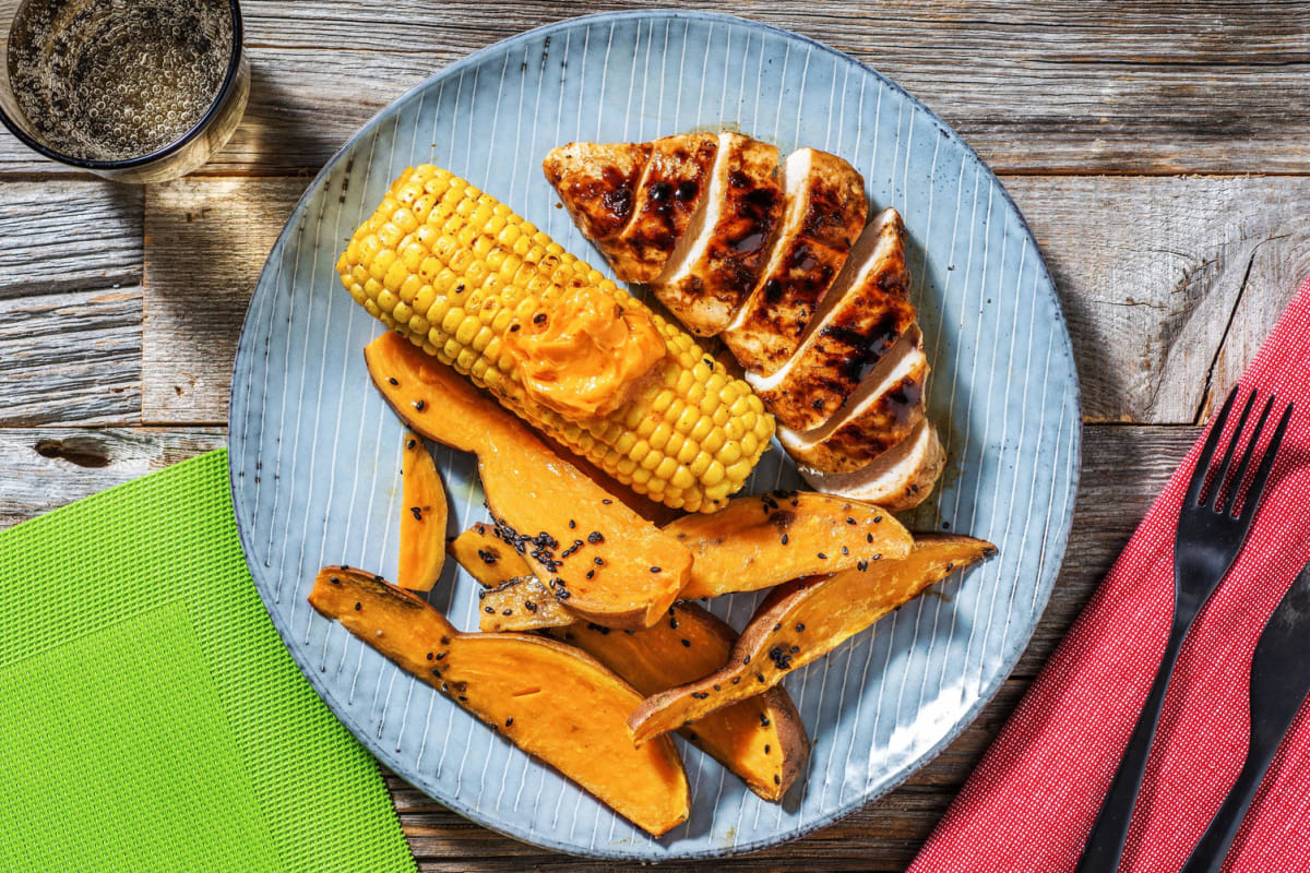 Grilled Sticky Chicken with Sesame Sweet Potato Wedges