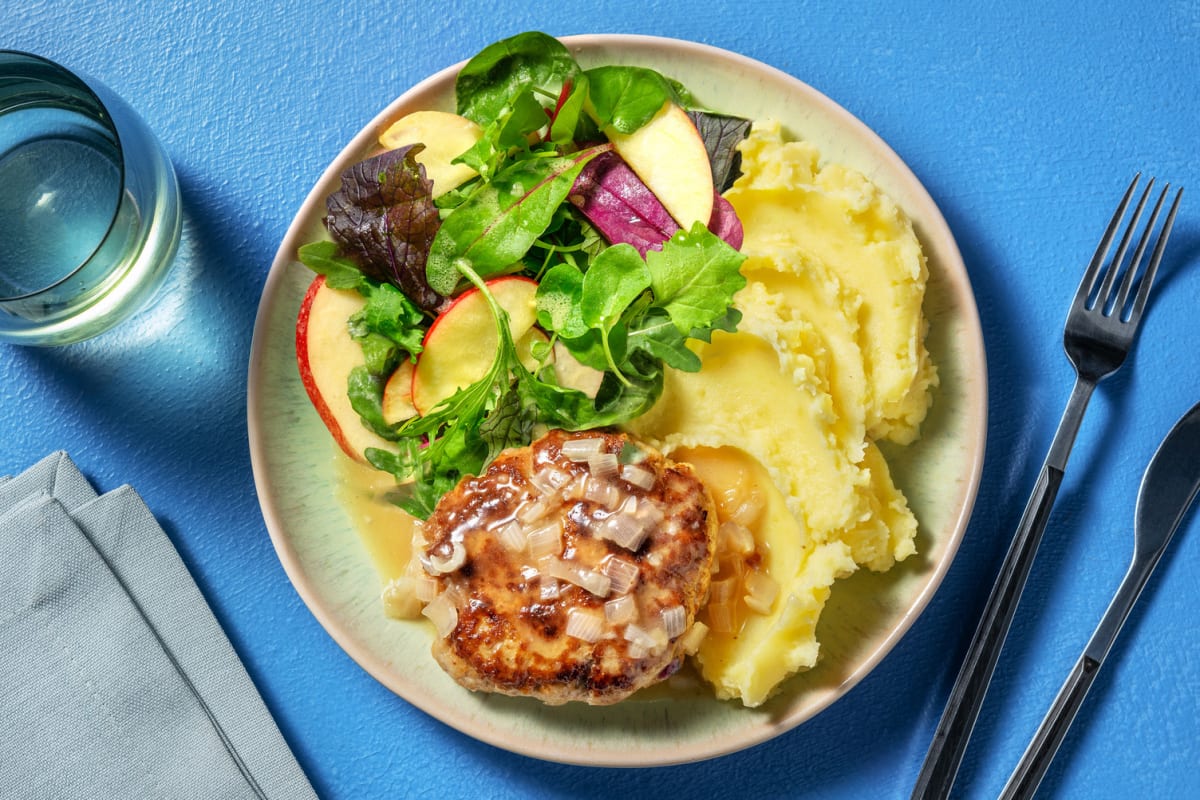 Salisbury Steak-Style Plant-Based Ground Protein Patties and Mash