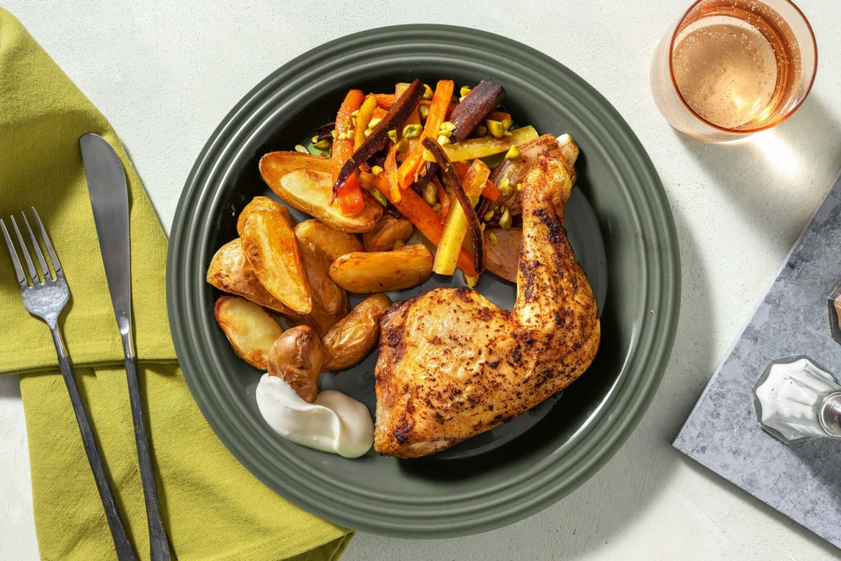 Hähnchenkeulen mit Harissa-Honig-Karotten Rezept | HelloFresh