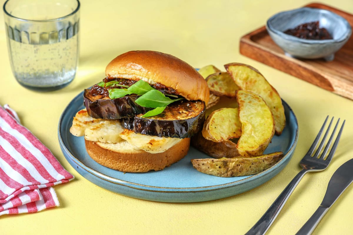 Halloumi and Aubergine Burger