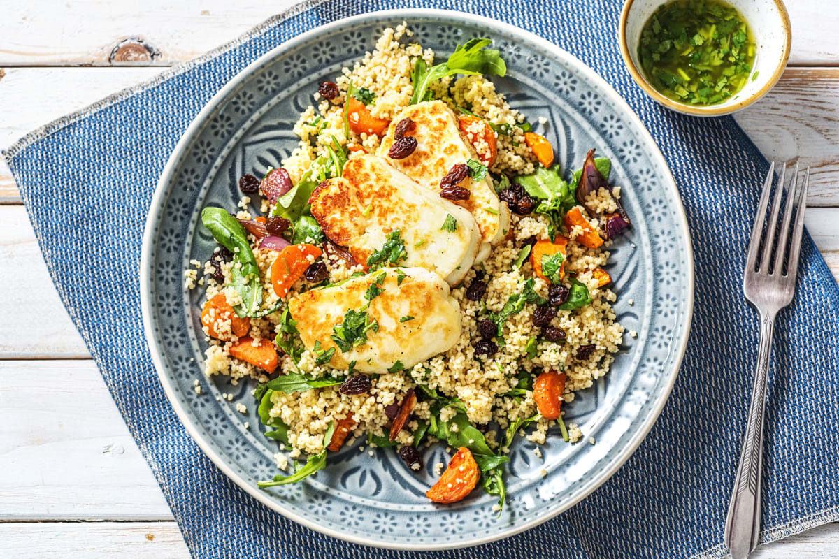 Moroccan Spiced Haloumi & Herbed Couscous with Roasted Veggies & Yo...