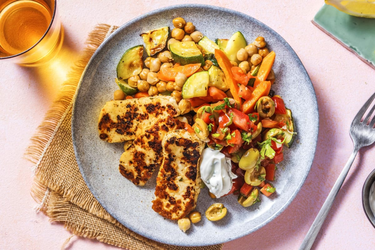 Halloumi auf rauchigem Kichererbsengemüse