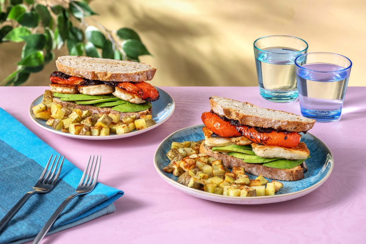 Halloumi, Balsamic Roasted Pepper and Avocado Brunch Sarnie with Breakfast Potatoes