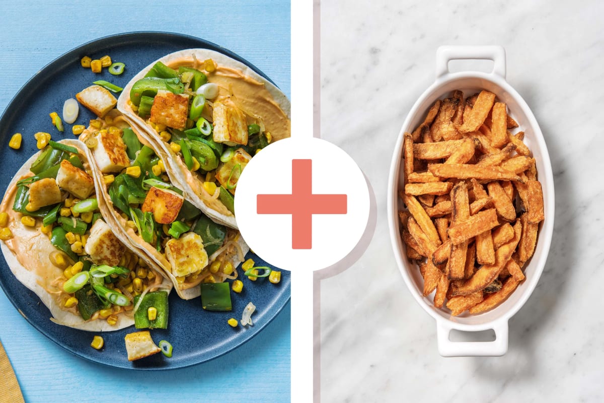 Halloumi, Pepper and Sweetcorn Tacos With Sweet Potato Fries