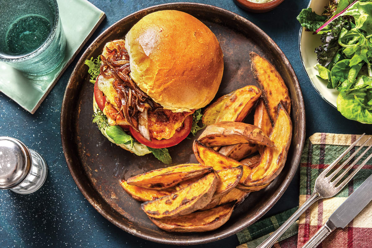 Mediterranean Haloumi, Pesto & Caramelised Onion Burger