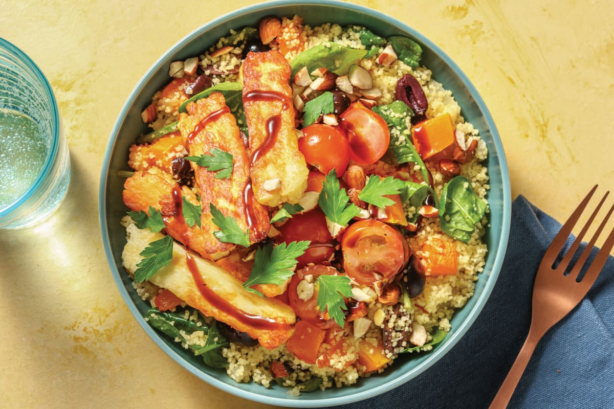 Haloumi & Roast Veggie Couscous with Almonds & Balsamic Glaze