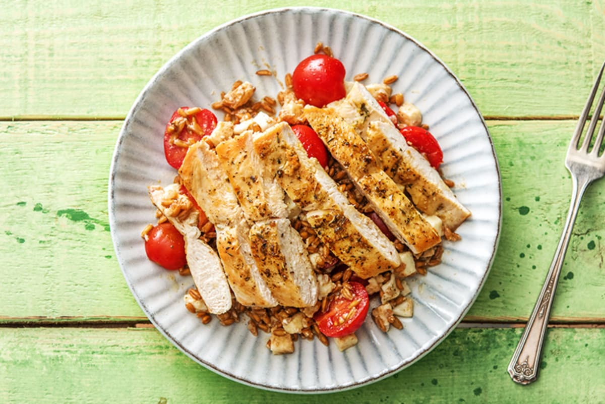 Herbs de Provence Chicken over a Warm Farro Mozzarella and Tomato Jumble