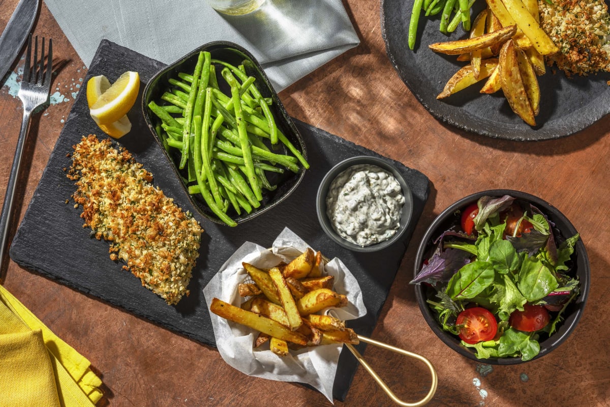 Herby Crumbed Sea Bass and Handcut Chips