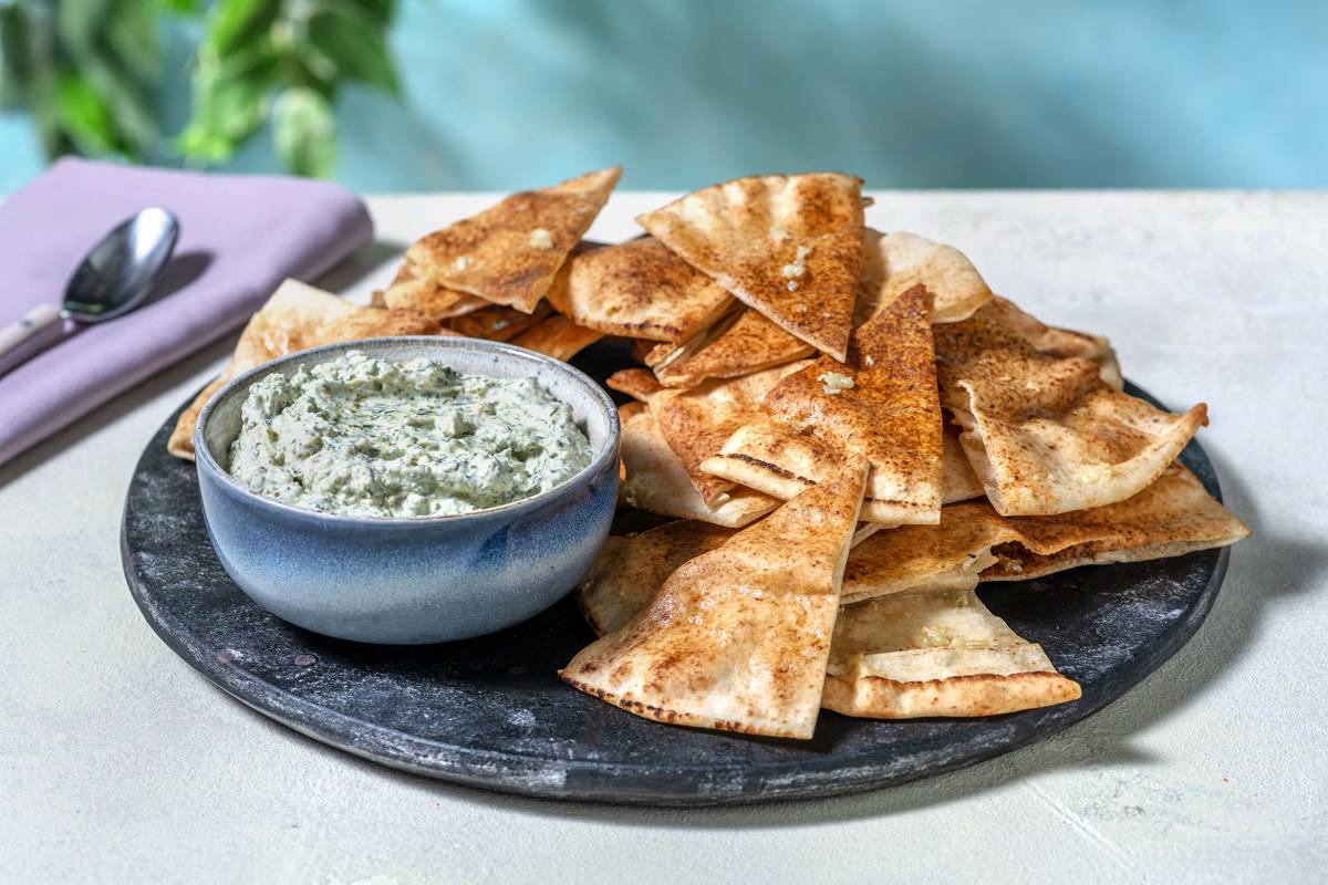 Herby Pistachio Dip with Garlic Flatbread Dippers Recipe HelloFresh