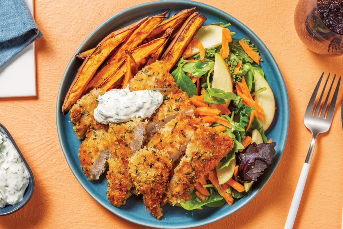 Herby Pork Schnitzel & Sweet Potato Fries