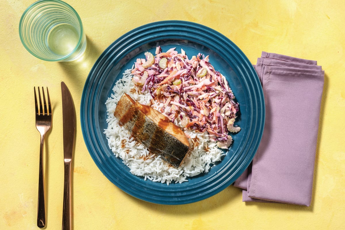 Hoisin & Ginger-Baked Salmon with Butter Rice & Creamy Slaw