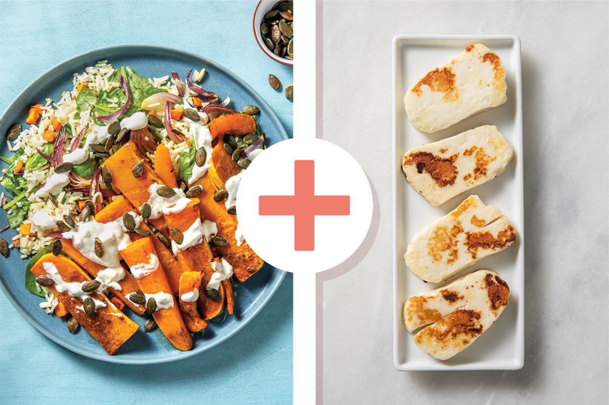 Moroccan-Style Haloumi, Pumpkin & Garlic-Fetta Yoghurt