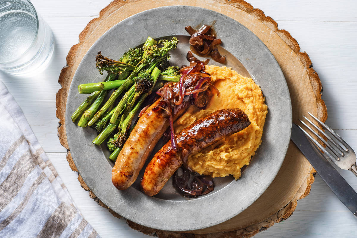 Sausages with Sweet Potato Mash & Gravy Recipe HelloFresh