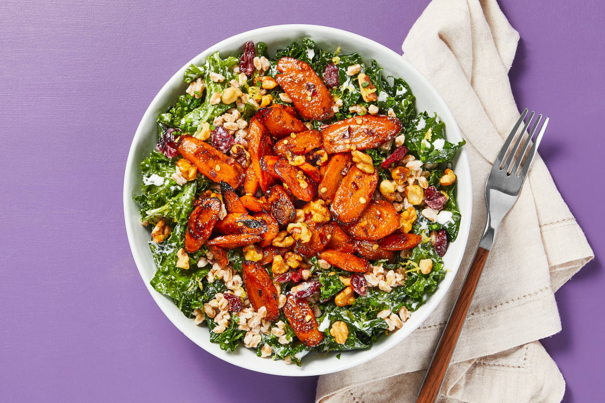 Honey Roasted Carrot Farro & Kale Salad