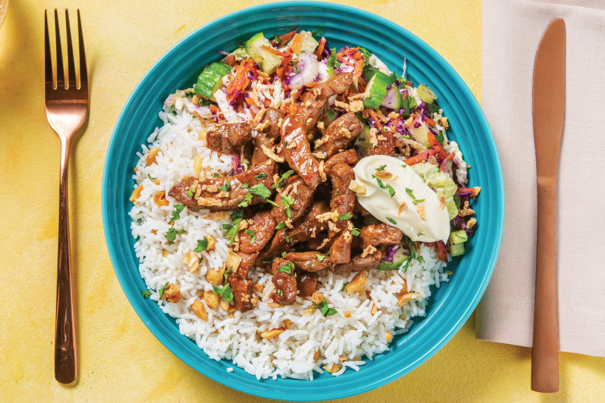 HoneySoy Beef & Peanut Rice Bowl with Yuzu Slaw Recipe HelloFresh