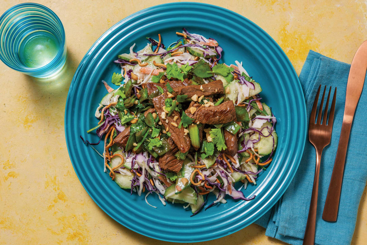 Honey-Soy & Ginger Beef with Crunchy Asian Slaw & Crushed Peanuts