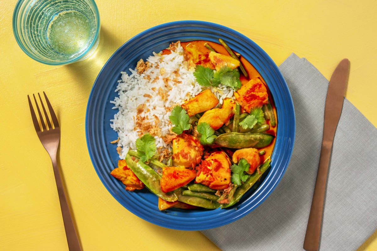 Indian-Style Chicken & Green Bean Curry with Rice & Coriander