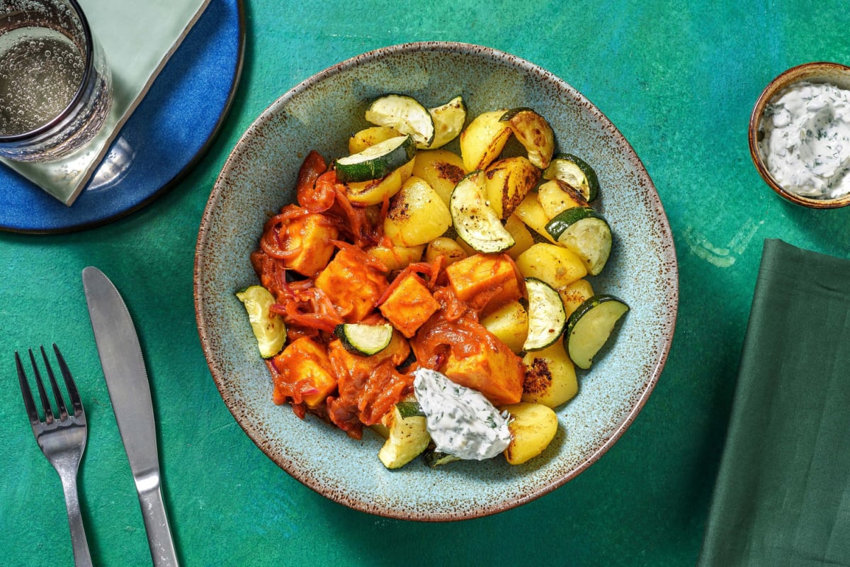 Korma-Curry mit Kofu auf Zucchini-Kartoffel-Gemüse