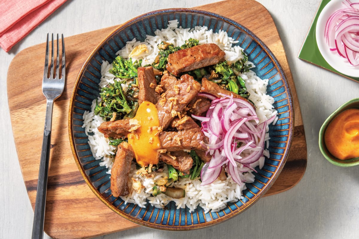 Japanese Beef & Garlic Rice Bowl with Quick-Pickled Onion & Coconut-Chilli Mayo