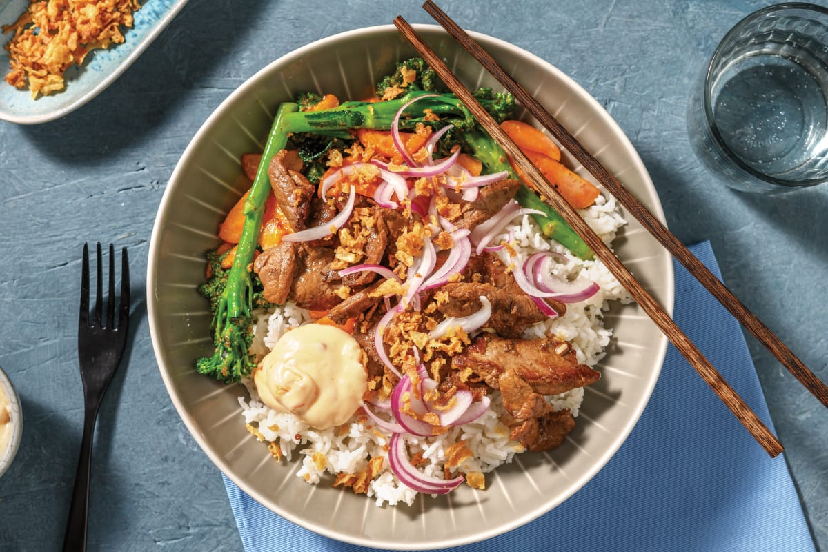 Japanese-Style Beef & Garlic Rice Bowl with Veggies & Mango Mayo