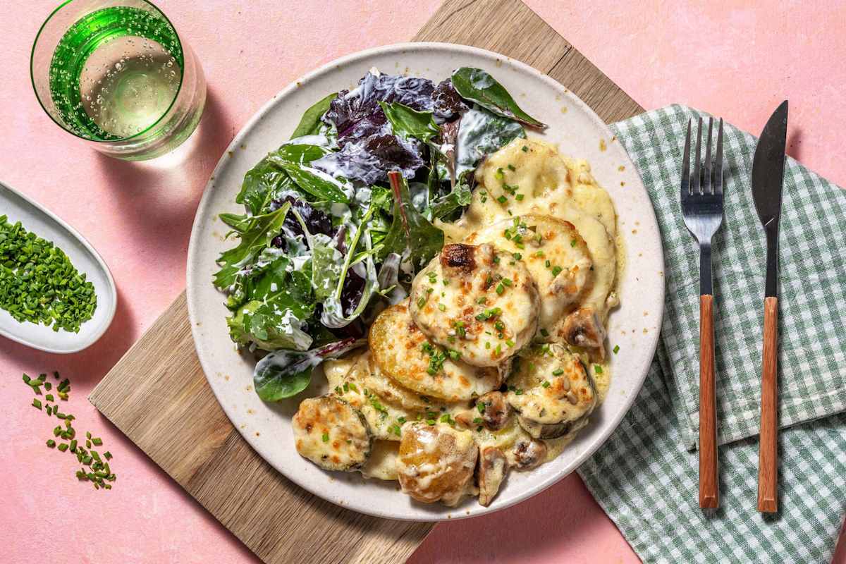 Kartoffel-Gratin mit Zucchetti und Champignons