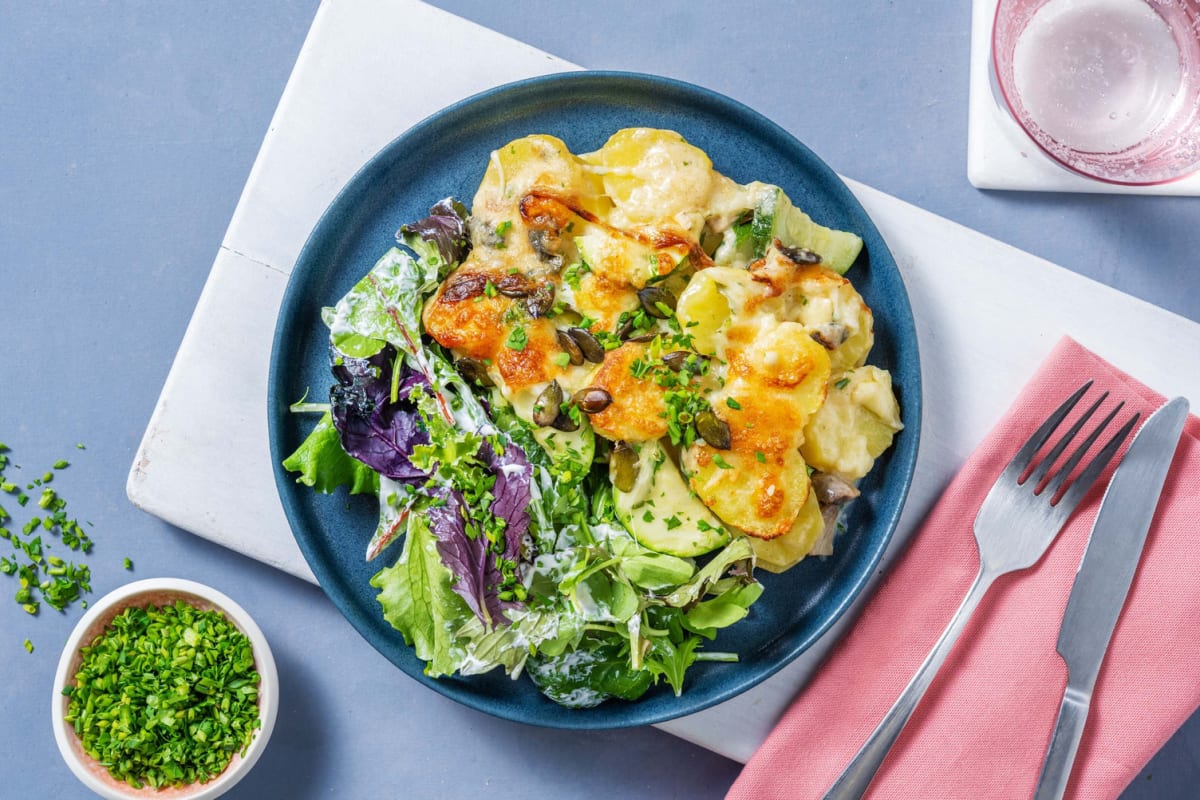 Kartoffel-Gratin mit Zucchini und Champignons