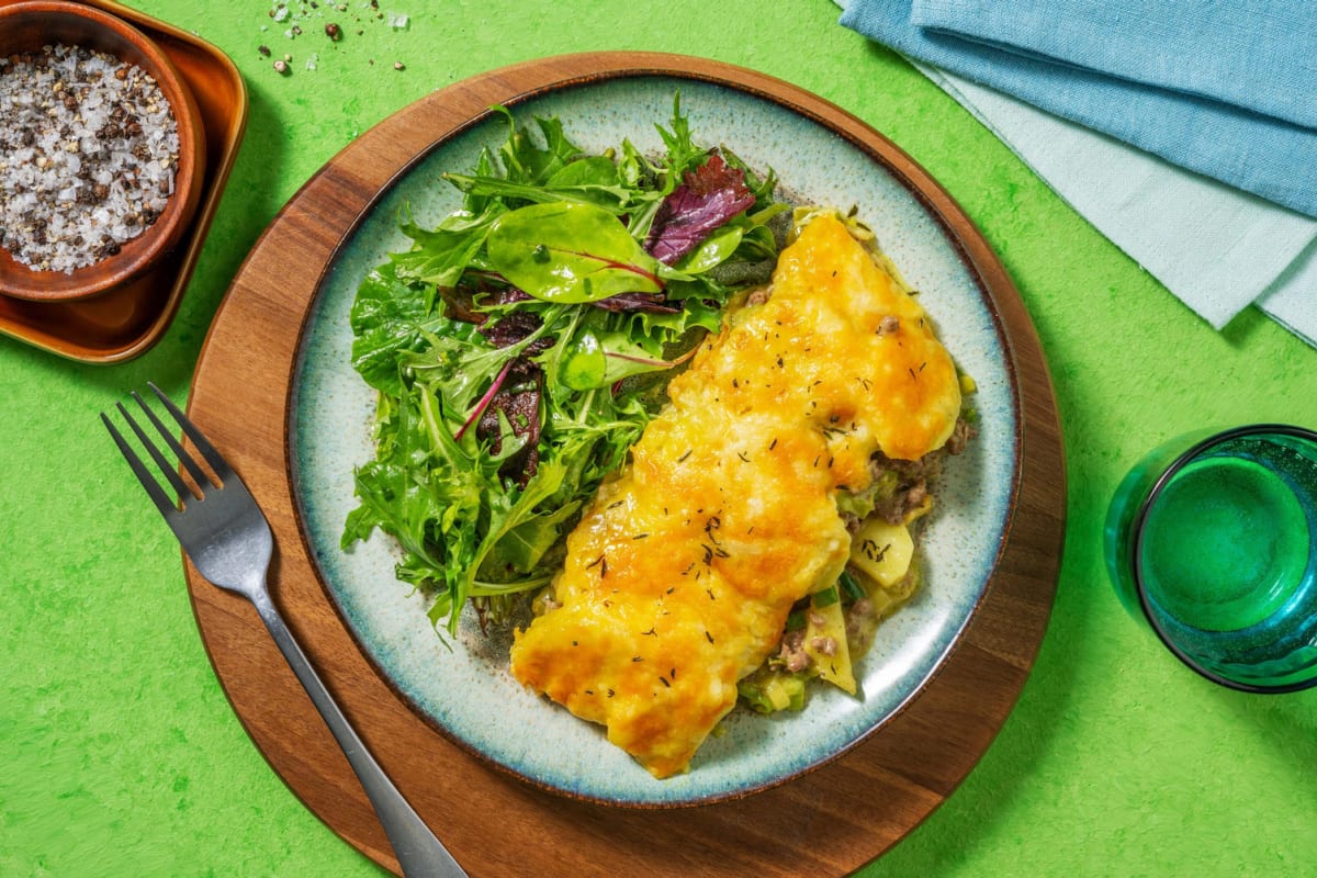 Kartoffelgratin mit Rinderhack & Curry-Käse-Soße