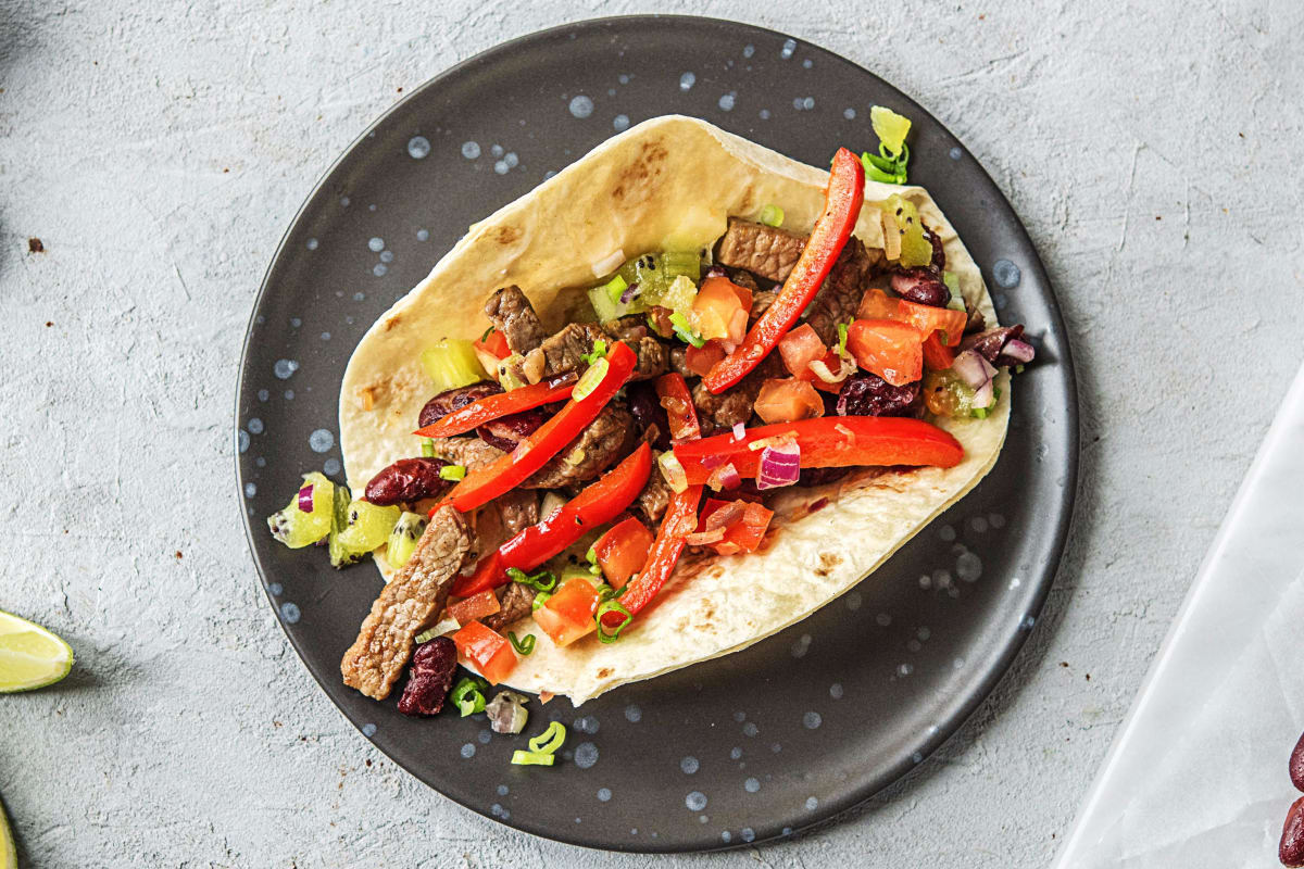 Kiwi Salsa and Steak Fajitas