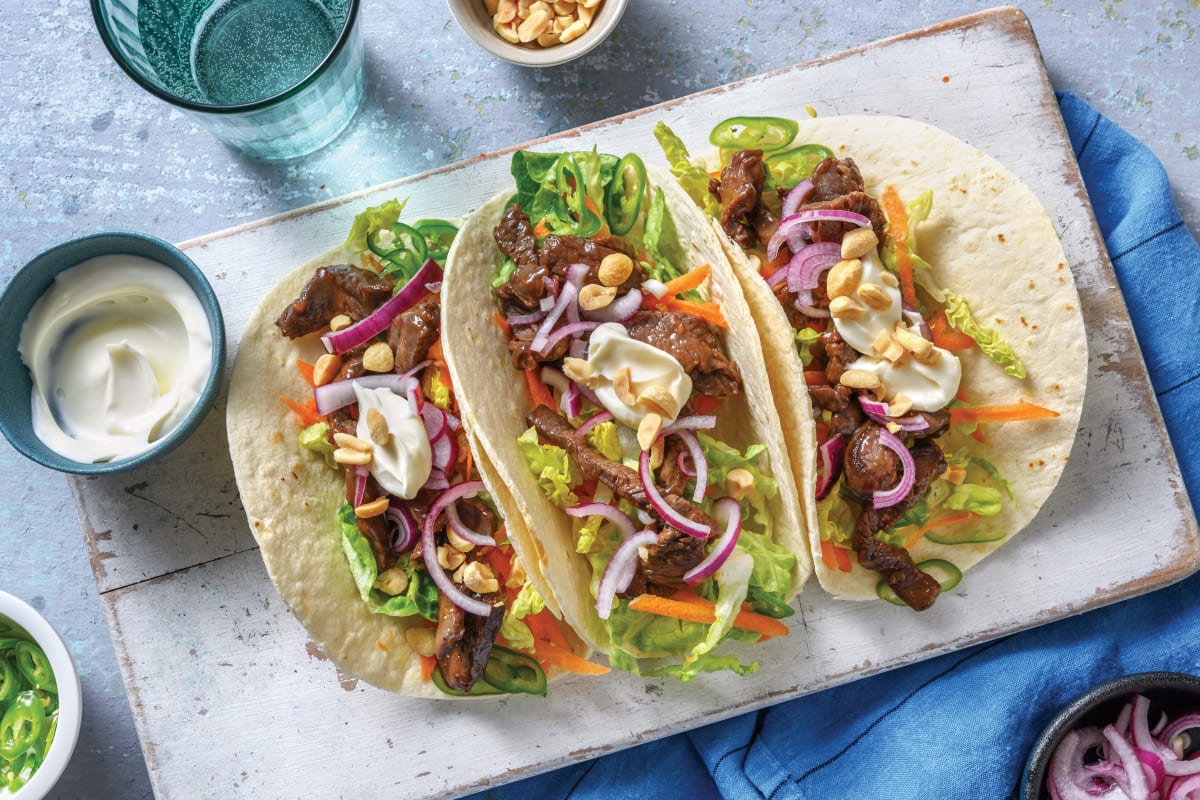 Honey-Soy Beef Tacos with Speedy Pickled Onion & Crushed Peanuts