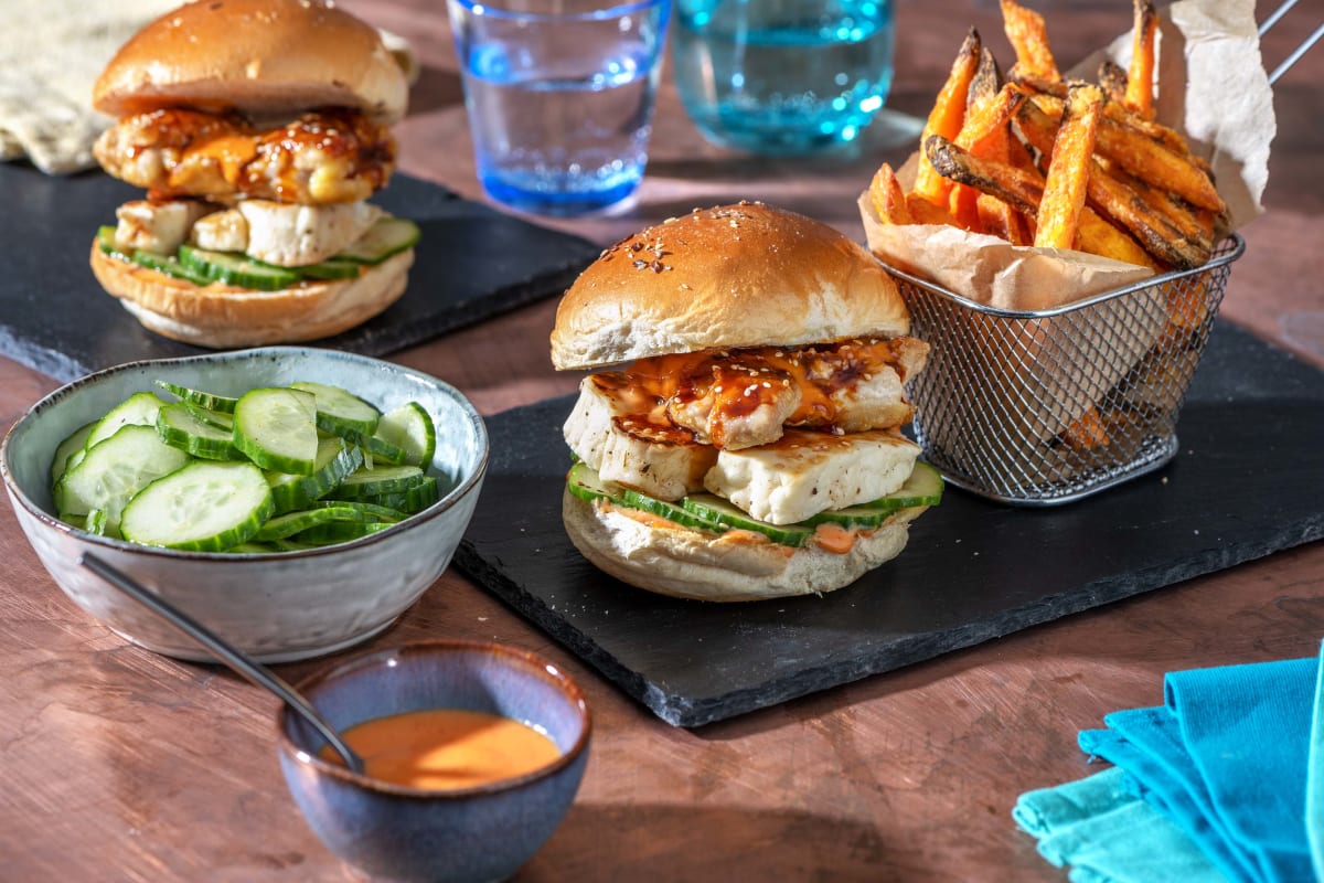 Korean-Style Fried Chicken and Halloumi Burger
