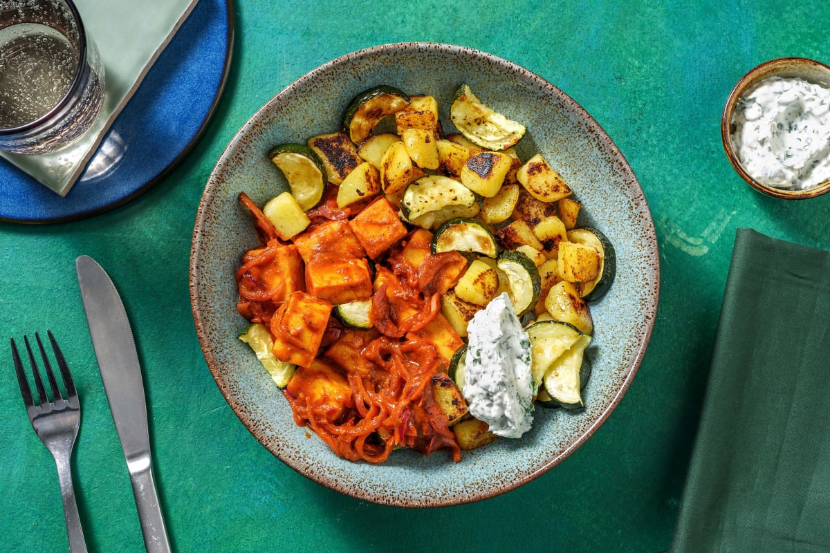 Korma-Curry mit Kofu auf Zucchini-Kartoffel-Gemüse