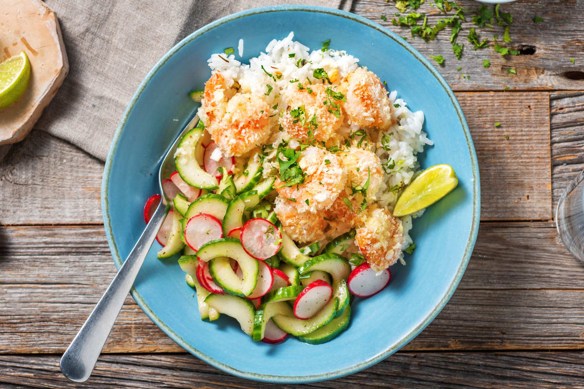 Crevettes croustillantes et riz a la noix de coco