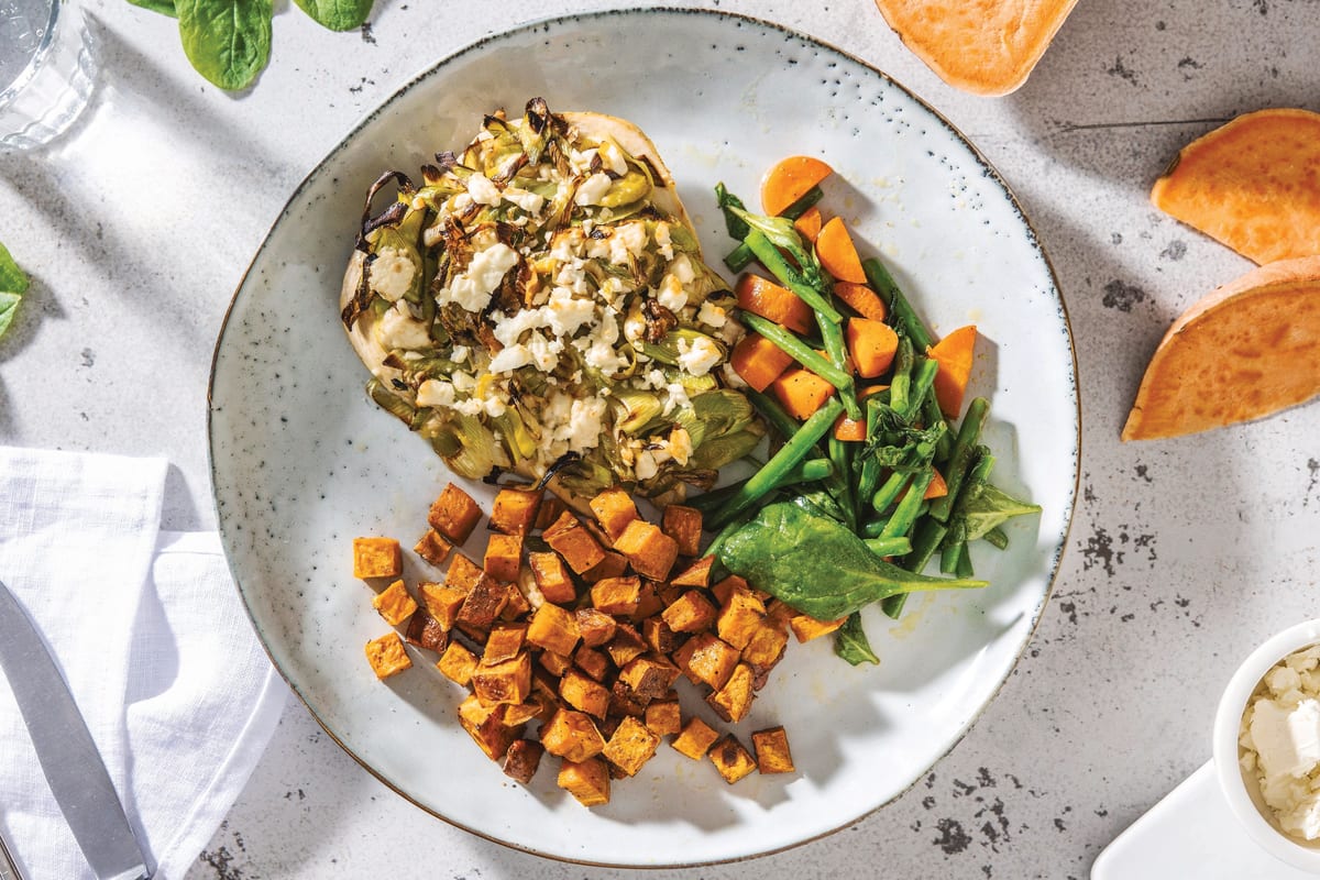 Leek & Fetta Chicken with Rosemary Roasted Sweet Potato & Veggies