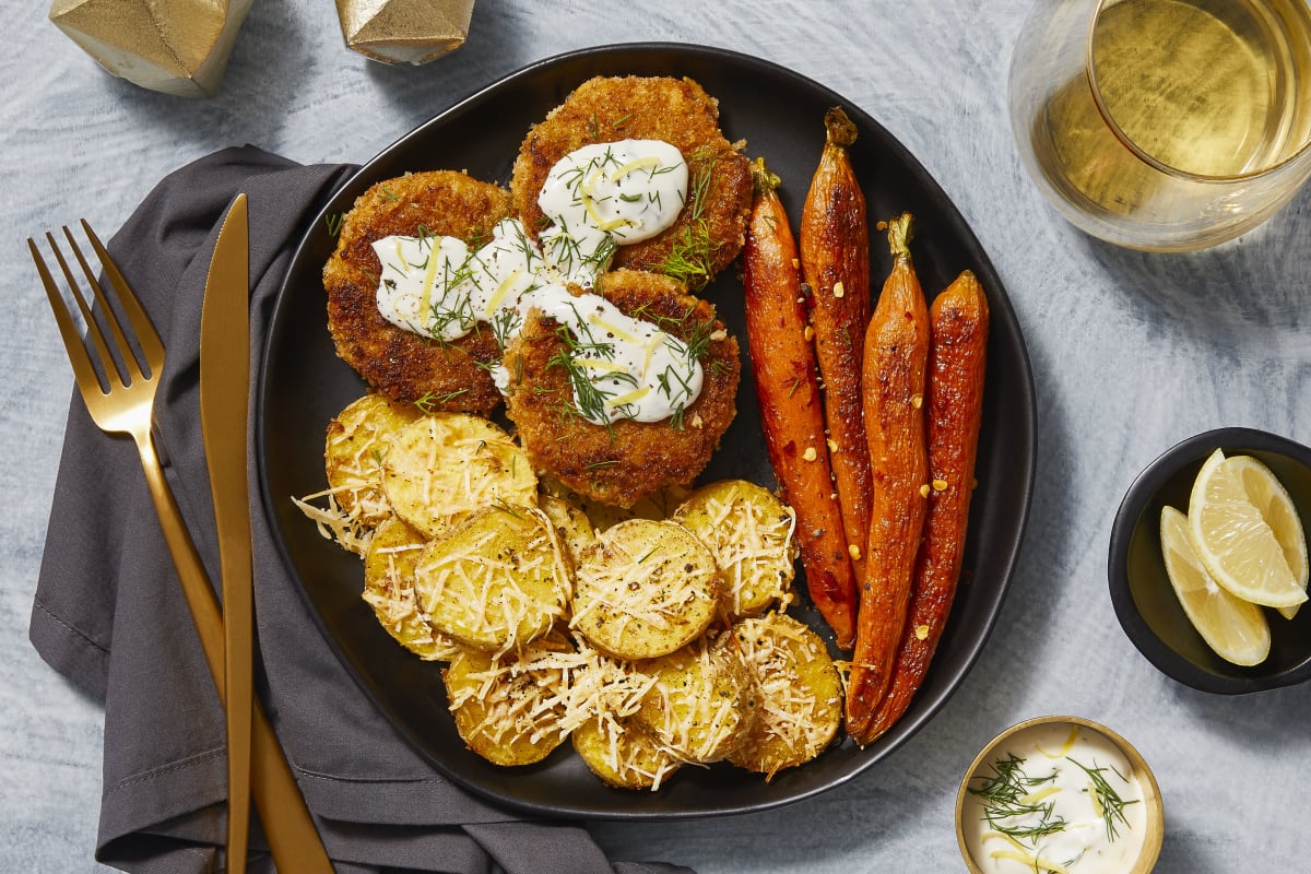 Lemon Dill Crab Cakes with Garlic Parmesan Potatoes and Roasted Carrots