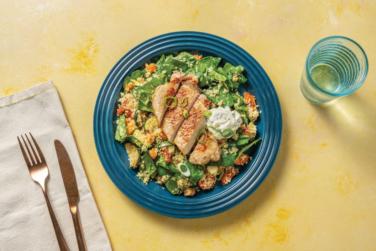 Lemon Pepper Pork with Roast Veggie Couscous & Dill-Parsley Mayo