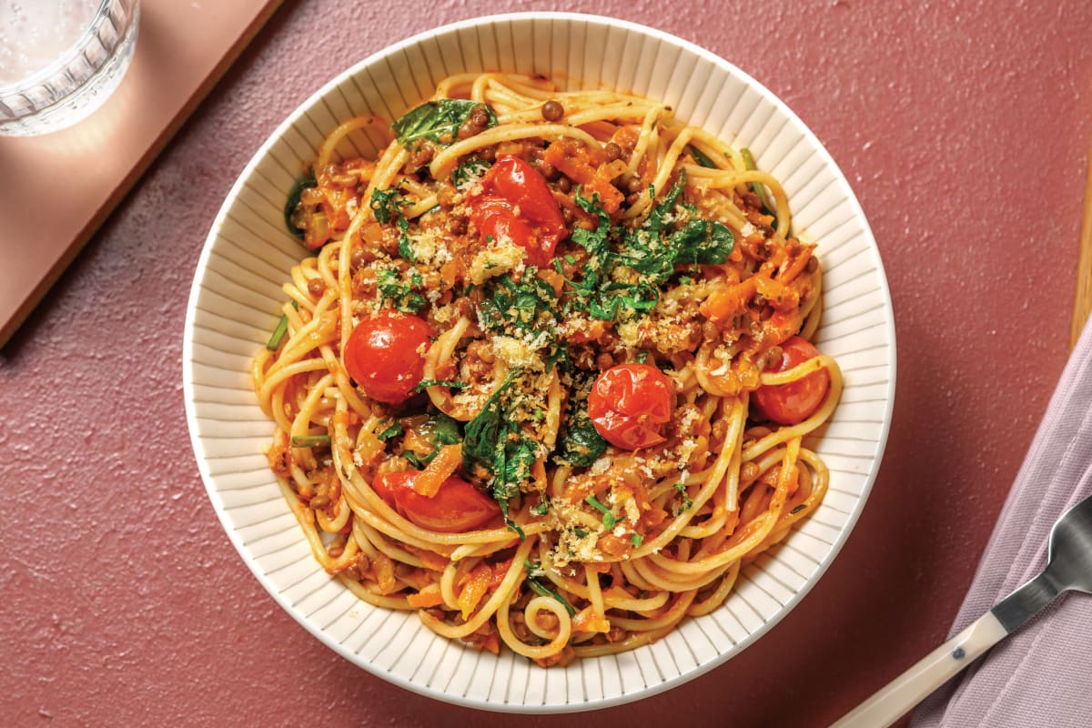 Lentil, Veggie & Red Pesto Spaghetti