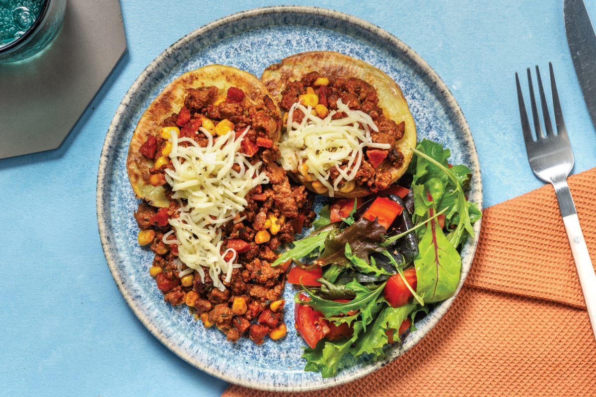 Loaded Beef, Pork & Chorizo Jacket Potatoes