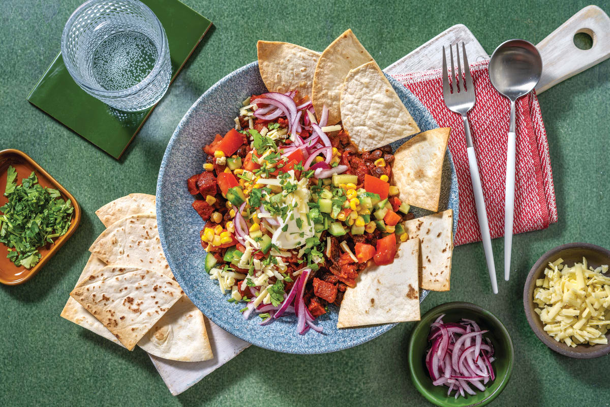 Loaded Cheesy Chorizo Nachos & Corn Salsa