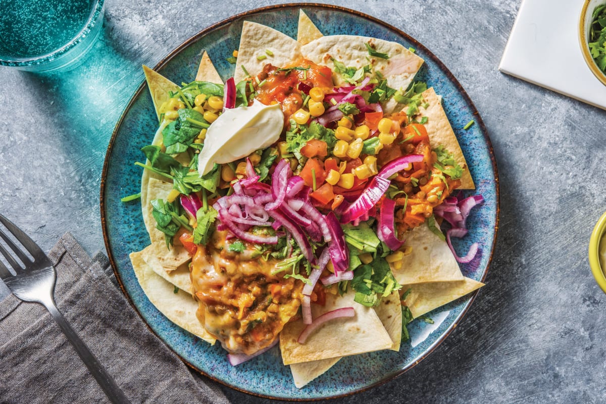 Loaded Lentil Cheesy Nachos