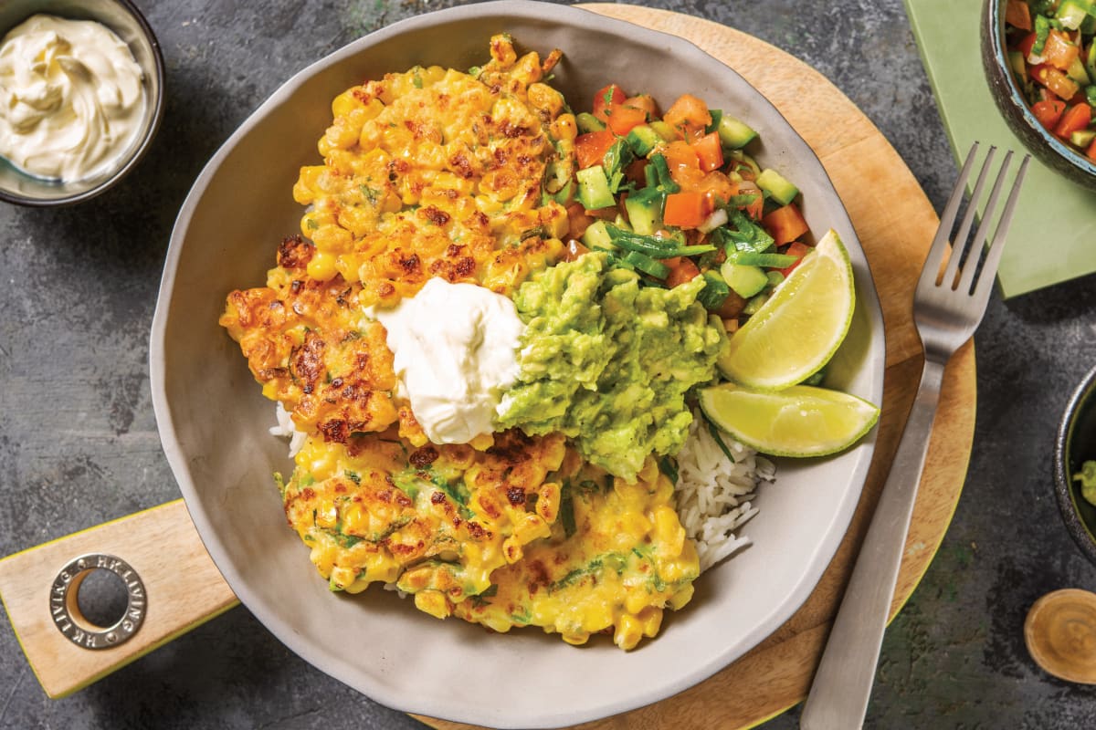 Loaded Mexican Corn Fritter Bowl.