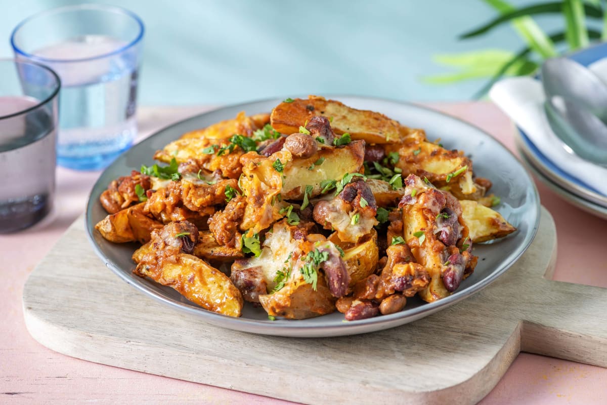 Loaded Wedges with Chorizo, Beany Chilli and Cheese