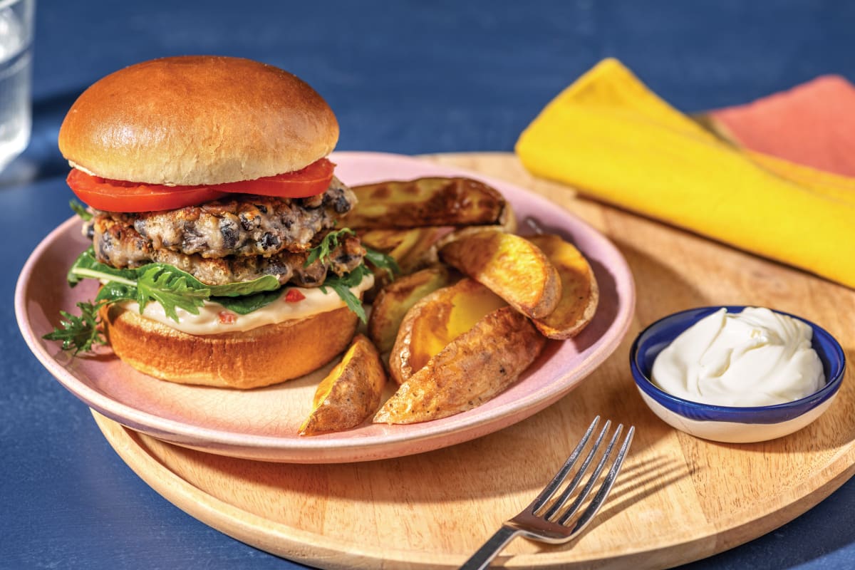 Louisiana Cheesy Black Bean Fritter Burger