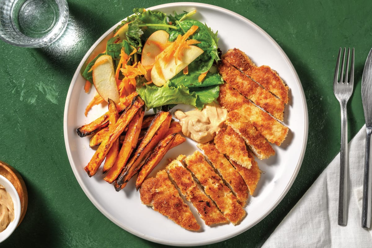 Lemon Pepper Pork Schnitzel & Spiced Kumara Fries