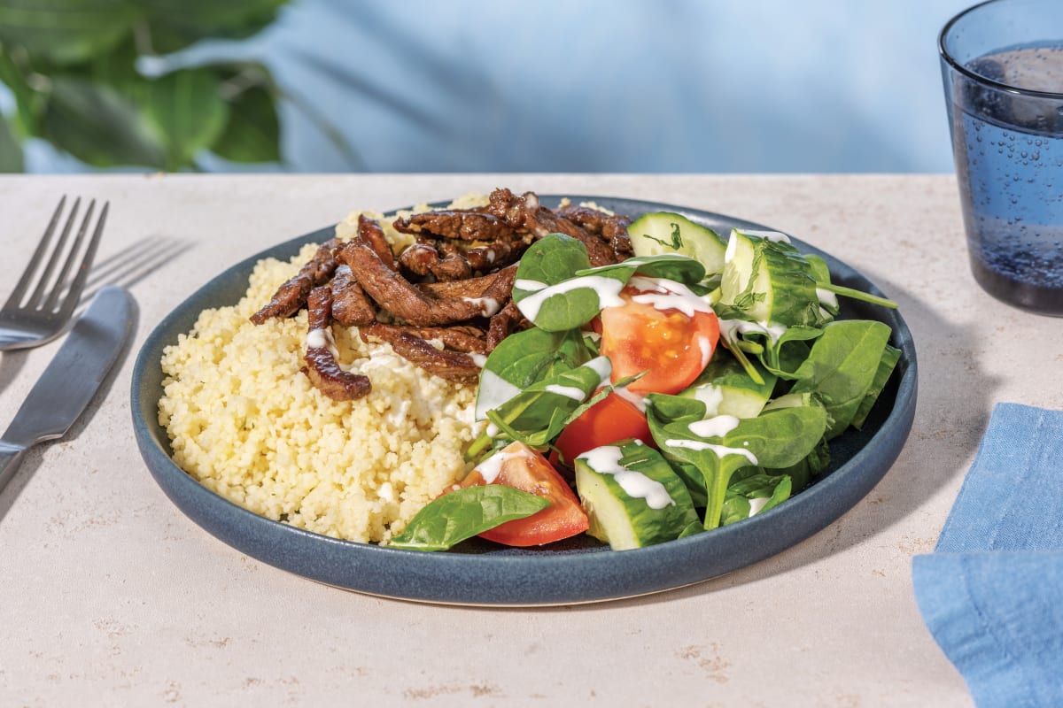 Ras El Hanout Beef & Couscous with Salad & Aioli Dressing